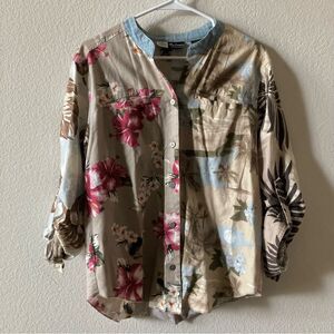 Oleg Cassini Linen Blend Patchwork Hawaiian Floral Boho Roll Tab Button Up M